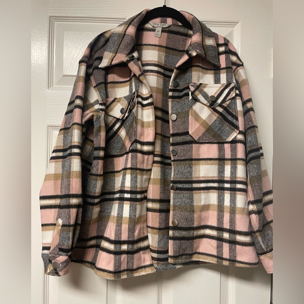 Plaid Shacket jacket shirt Wool blend Size Pink, gray M outdoors, coat, pockets - Picture 2 of 9